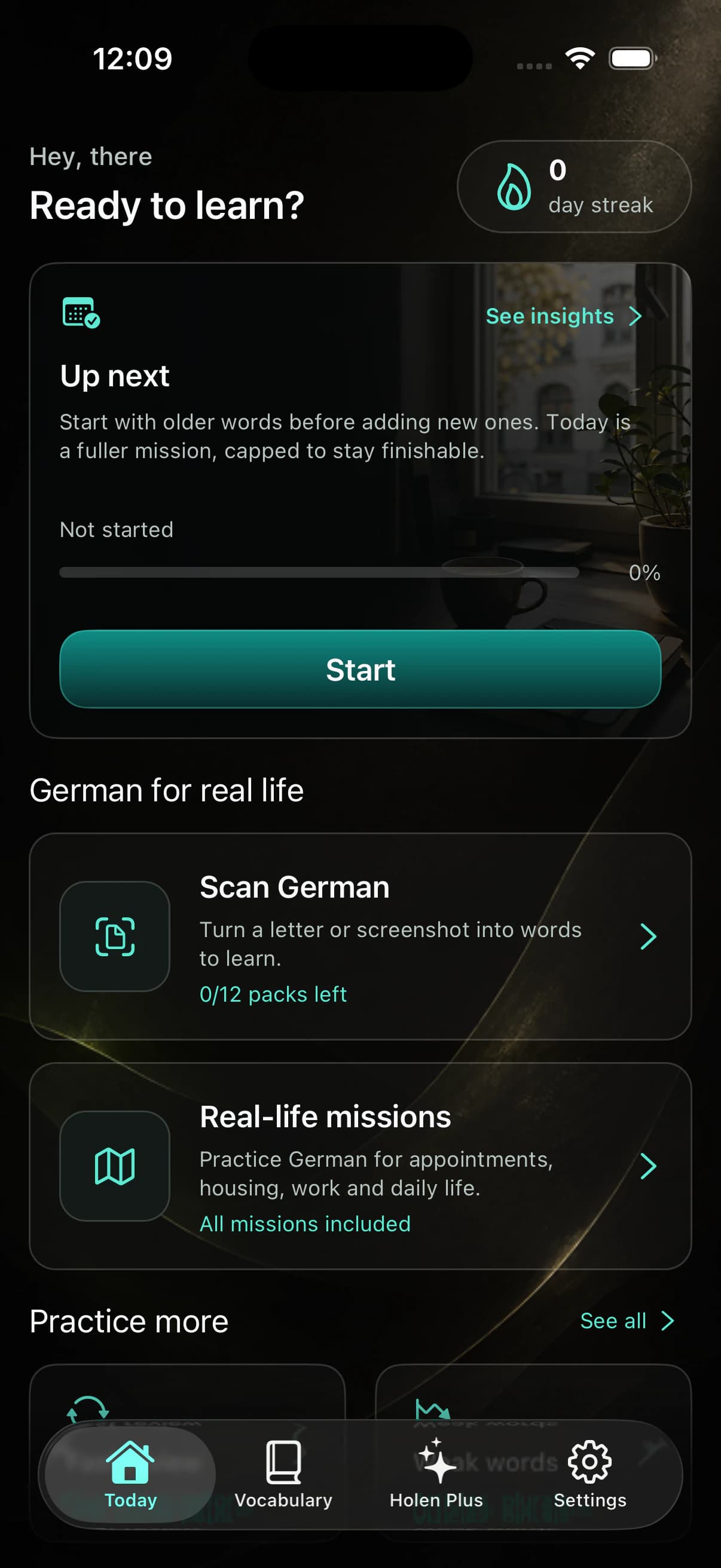 Current Holen Deutsch Today screen showing the next Daily Mission