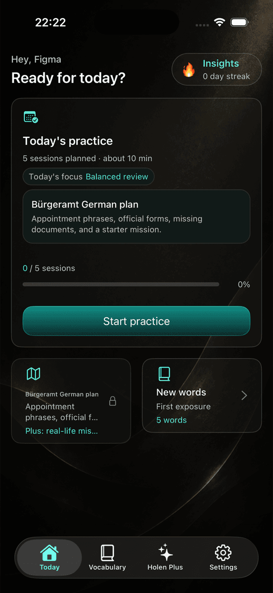 Holen Deutsch home screen showing today's German practice plan