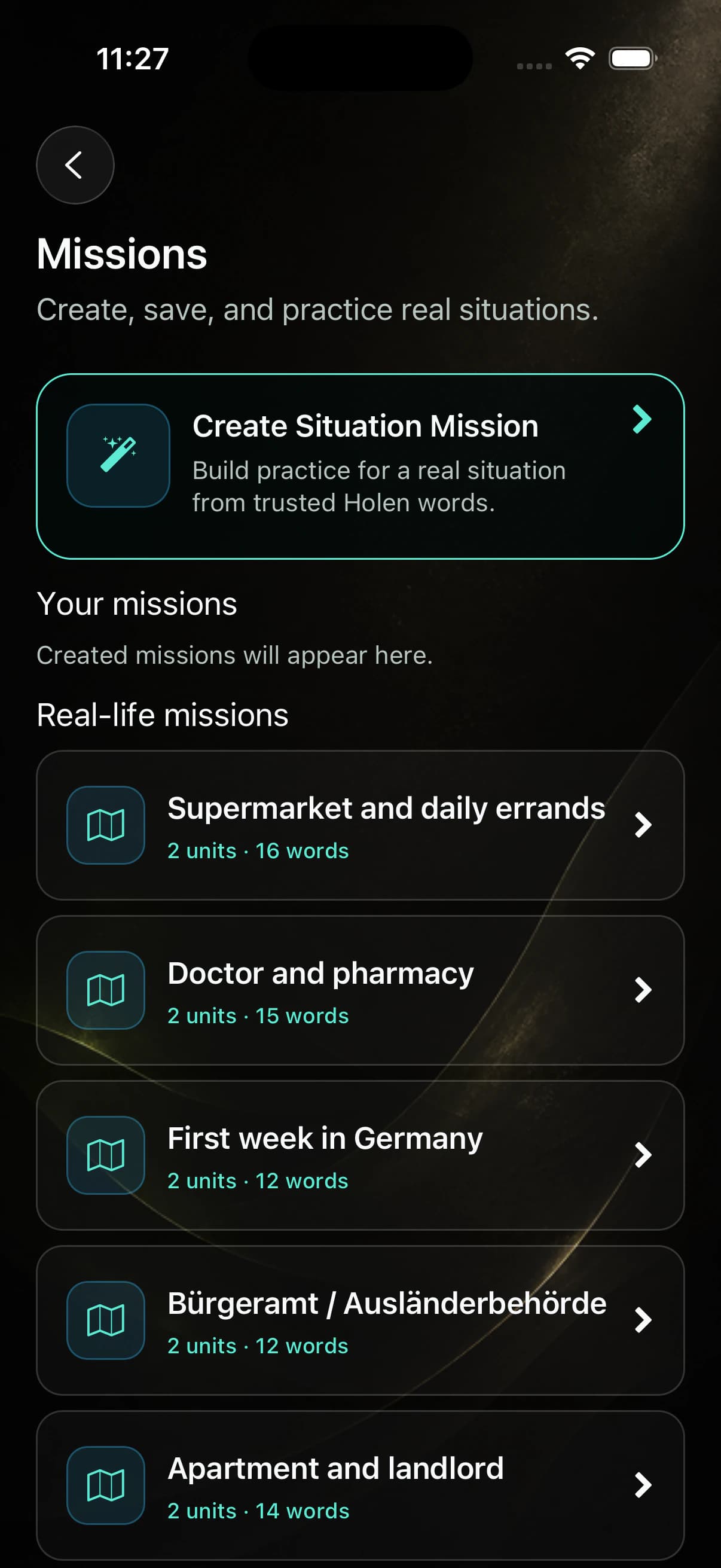 Current Holen Deutsch Missions screen with ready-made missions and Situation Missions