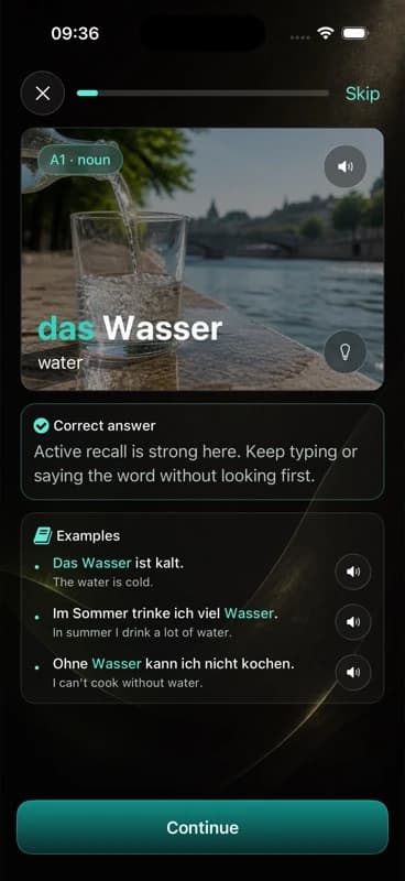 Current Holen Deutsch correct-answer reveal with examples and audio